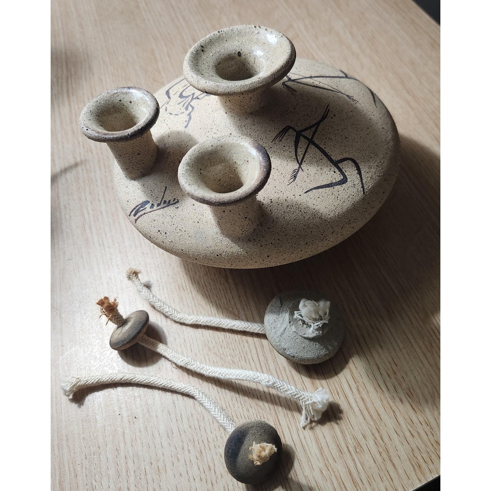 Vintage 3 Chimney Clay Oil Lamp Signed By Artist.‎